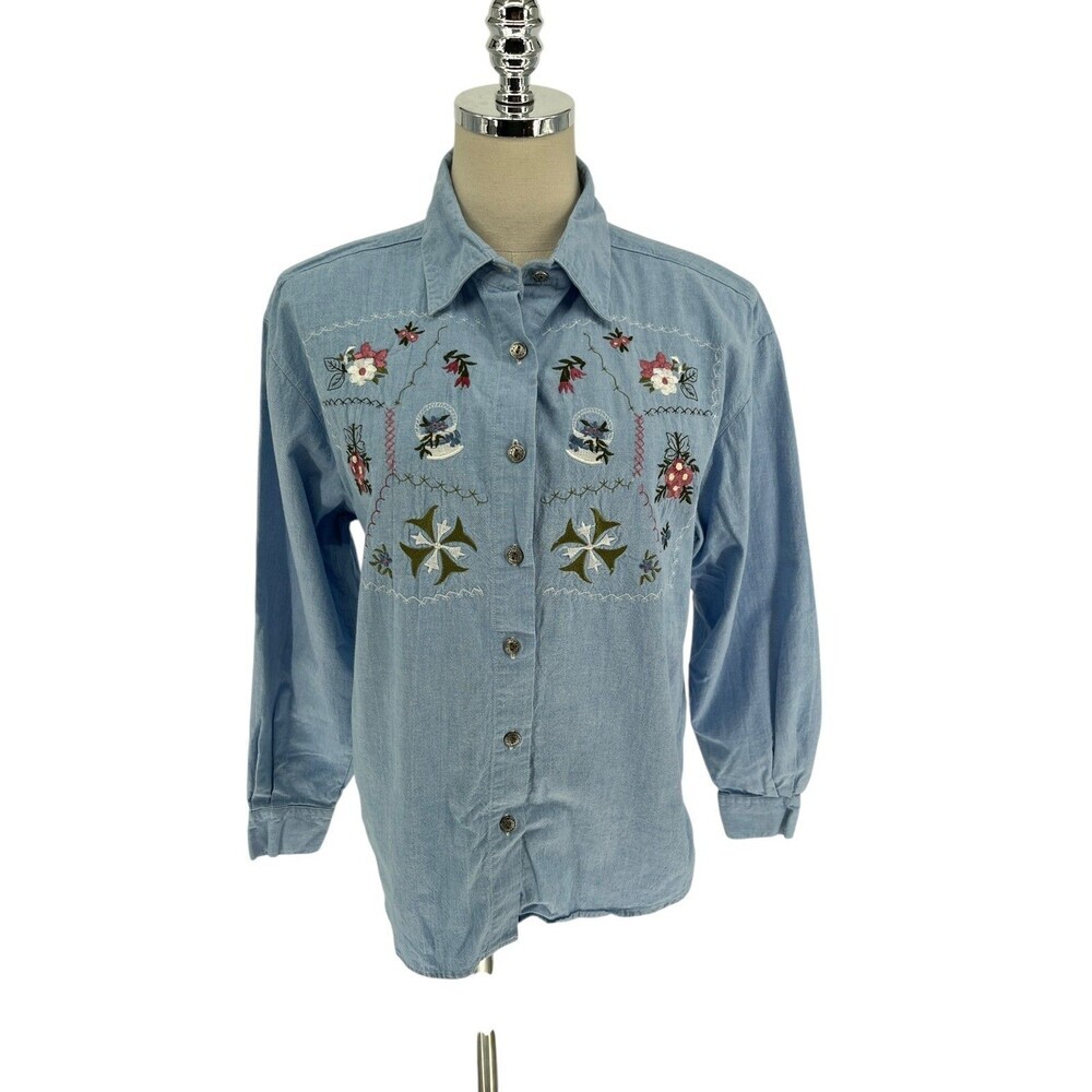 Capacity Top Women's Size Petite M Blue Cotton Western Floral Shoulder Pads
